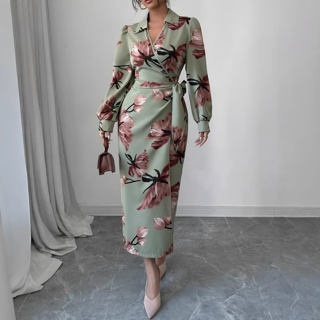 Army green long sleeve printed tie dress with belt, mid-rise waist and pencil style, sizes S to XL