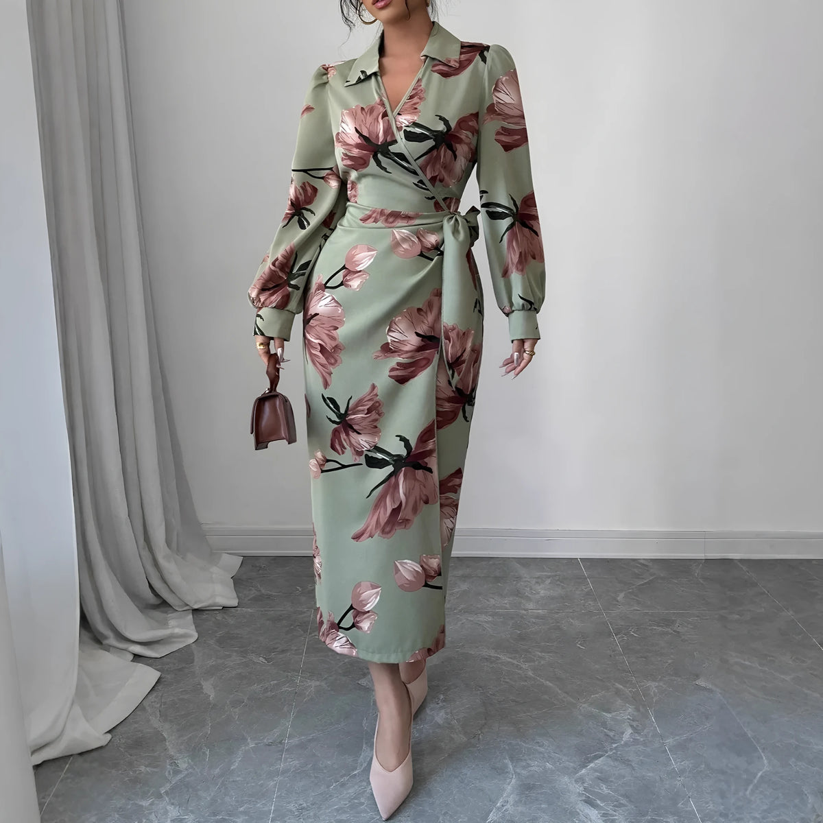 Army green long sleeve printed tie dress with belt, mid-rise waist and pencil style, sizes S to XL