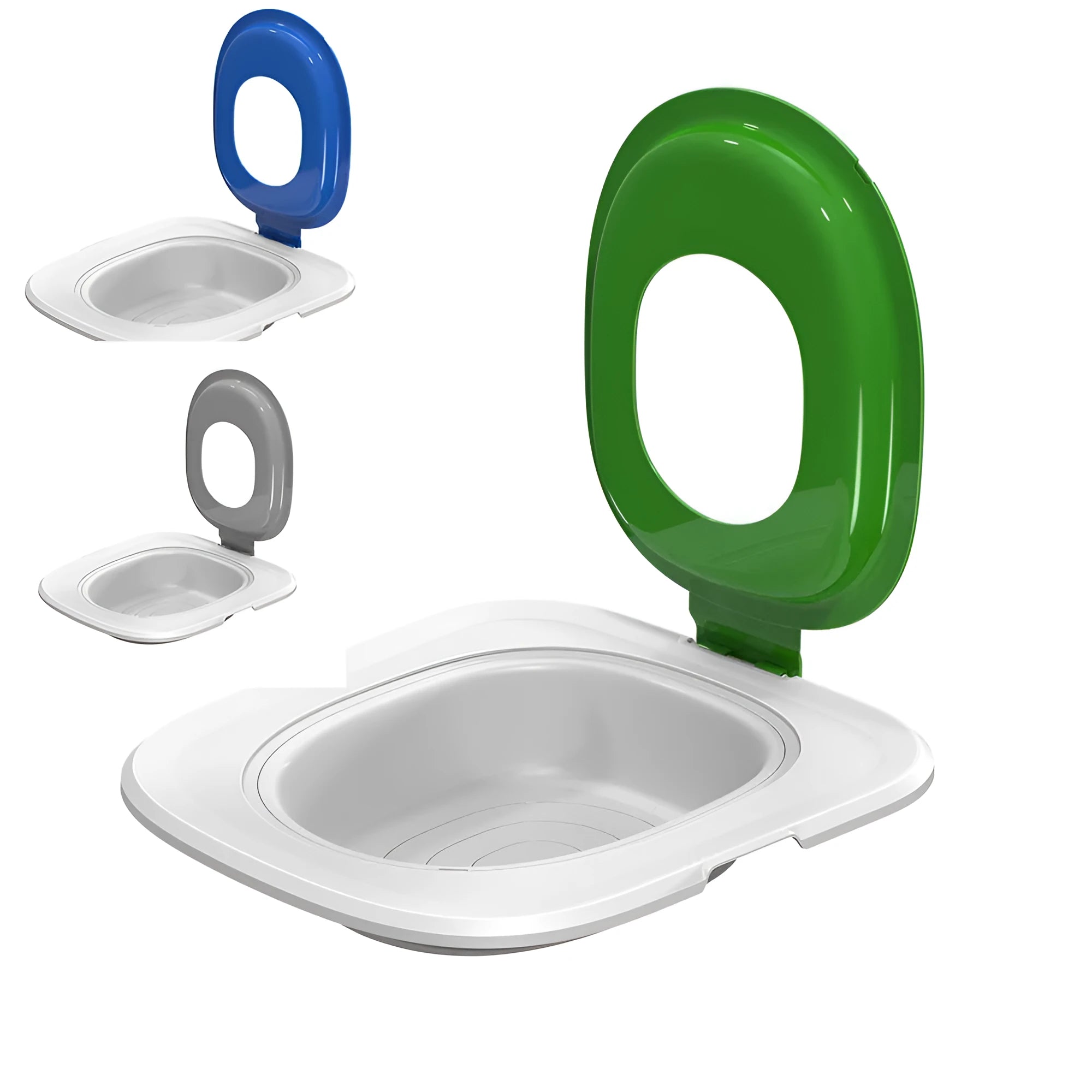 Fifth generation blue cat toilet trainer mat with contoured shape and raised waste guard rim.