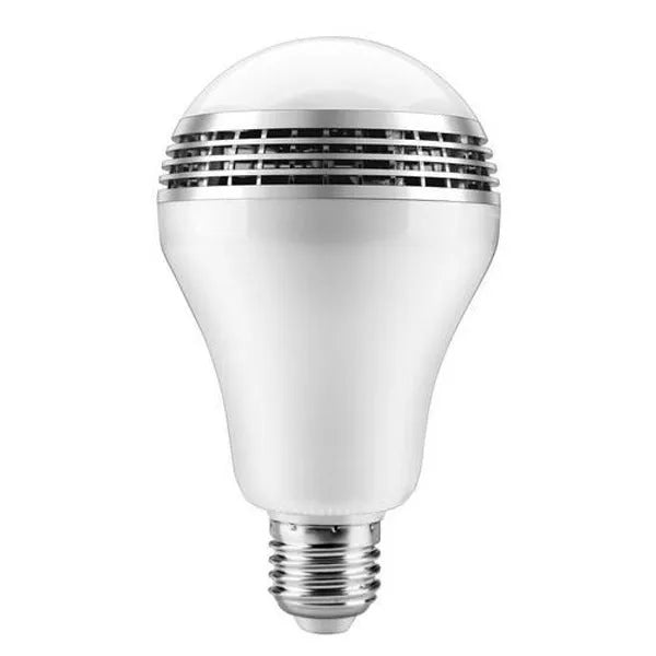 LED Smart Bluetooth Speaker E27 bulb light with white housing, showing E27 base and PC material construction.