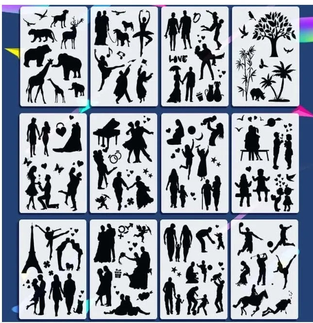 White plastic drawing stencil set with cut-out patterns for craft tracing.