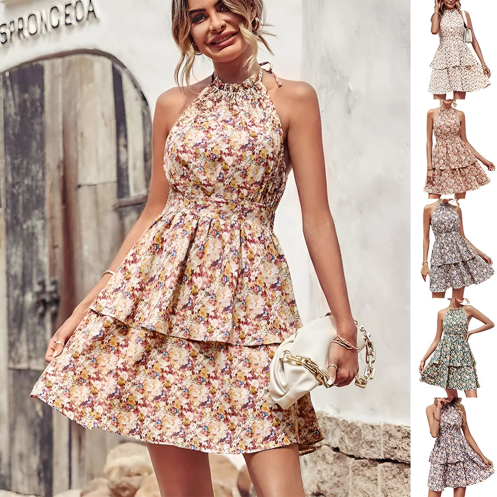 Women's backless halter neck summer dress with boho ruffled A-line skirt in a solid colour