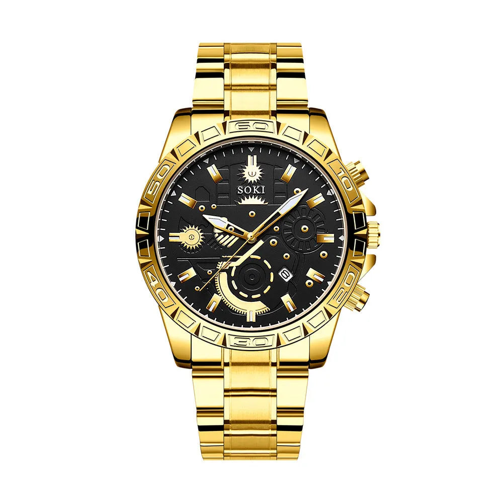 Gold men's steel business calendar quartz watch with 10mm thickness and stainless steel bracelet