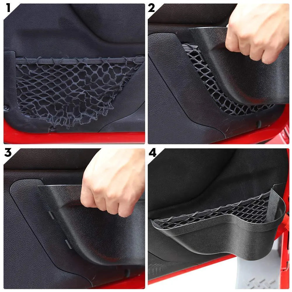 Pair of black aluminium alloy net pocket storage boxes for car interior organisation