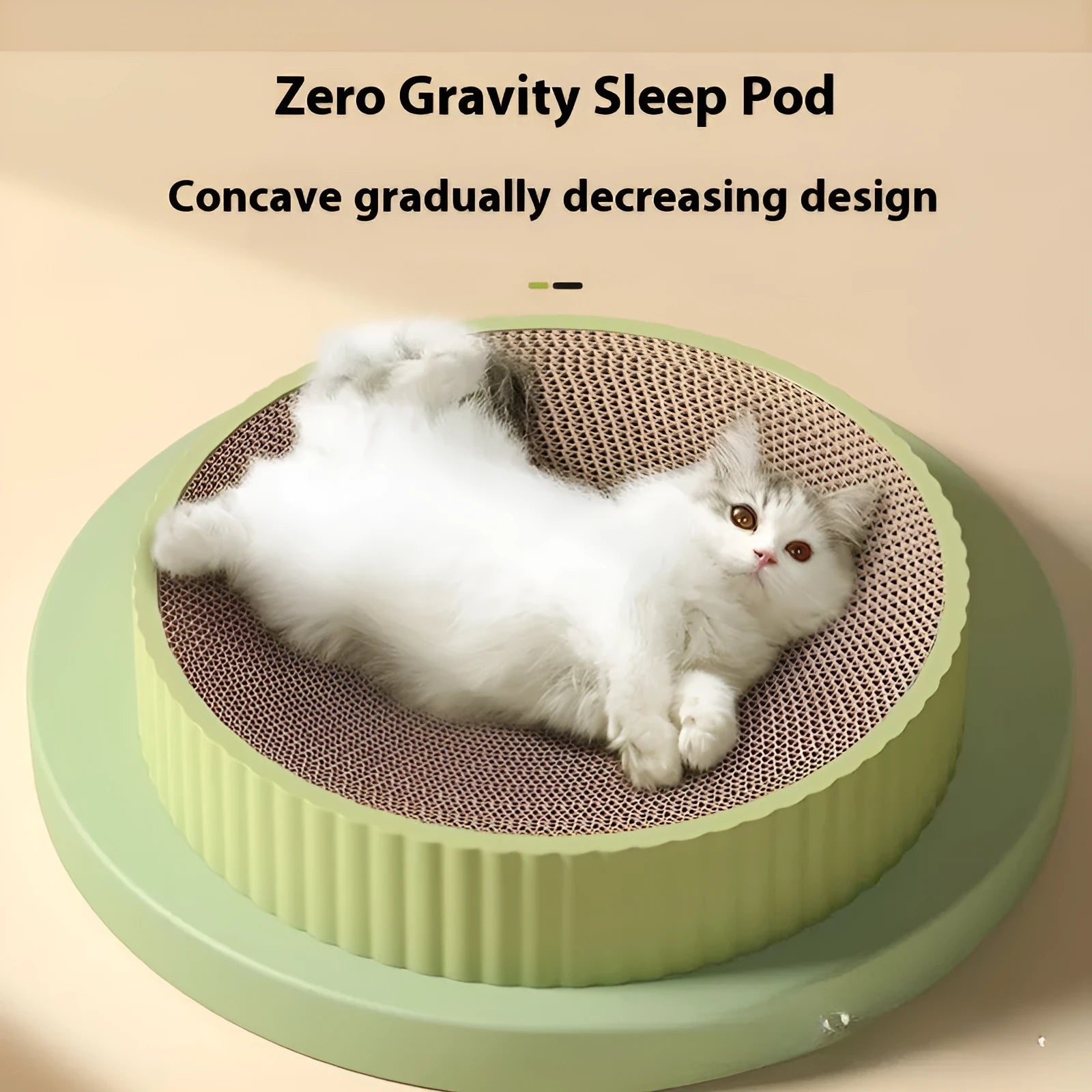 Green round cat scratching board with corrugated paper surface measuring 55cm diameter