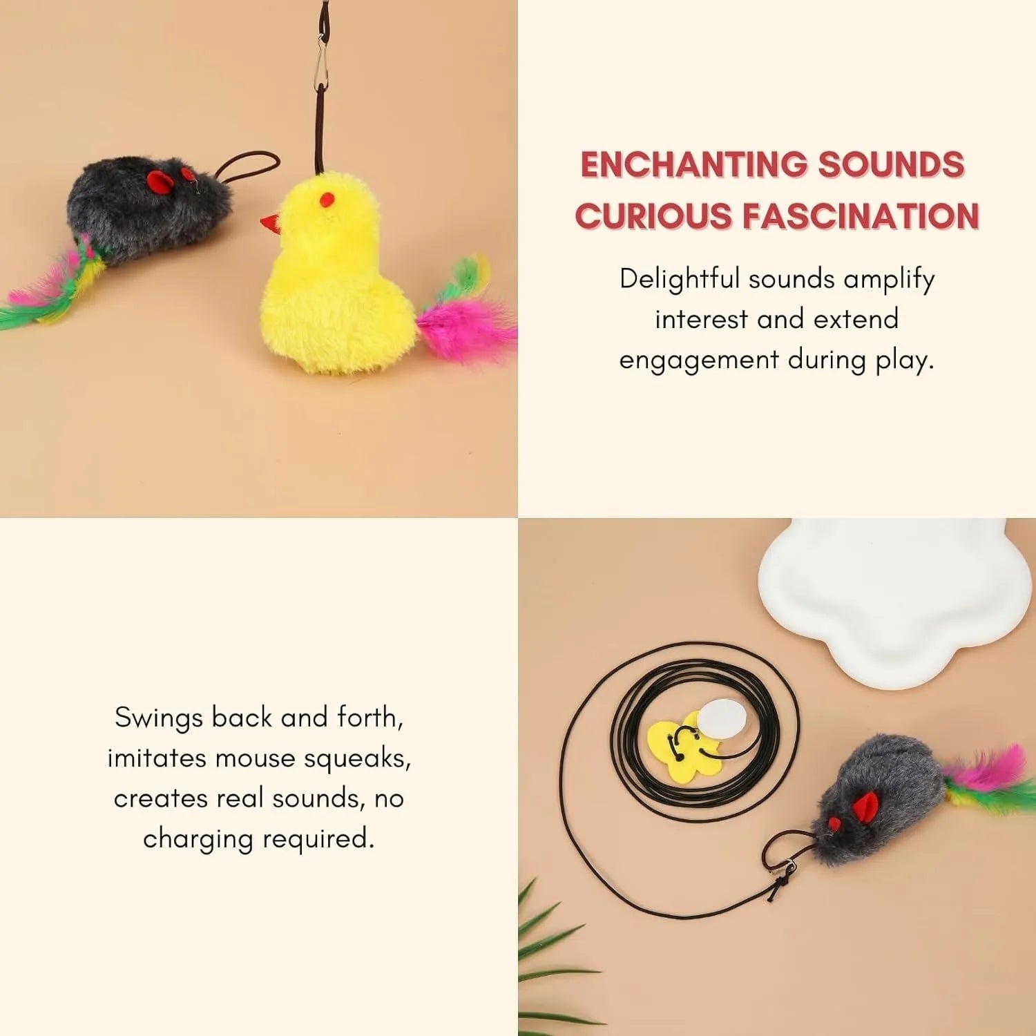 Interactive cat toy with swinging motion hanging from door frame featuring treat reward bulb and retractable elastic cord
