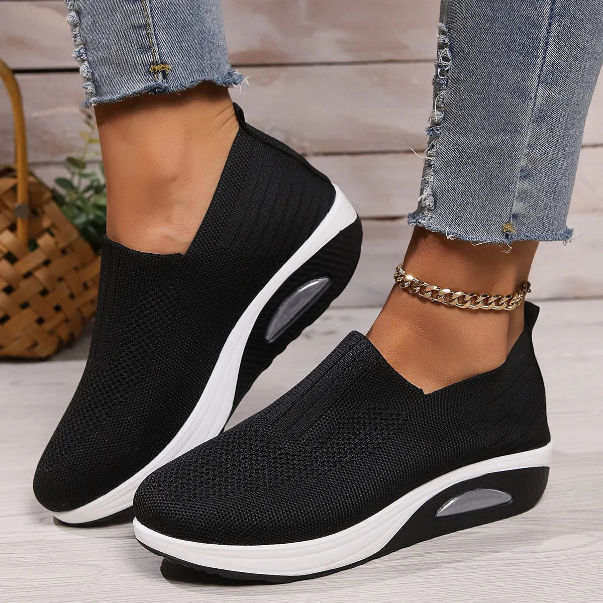 Slip-on casual women's shoes in beige with knitted upper, low top wedge heel, and round toe