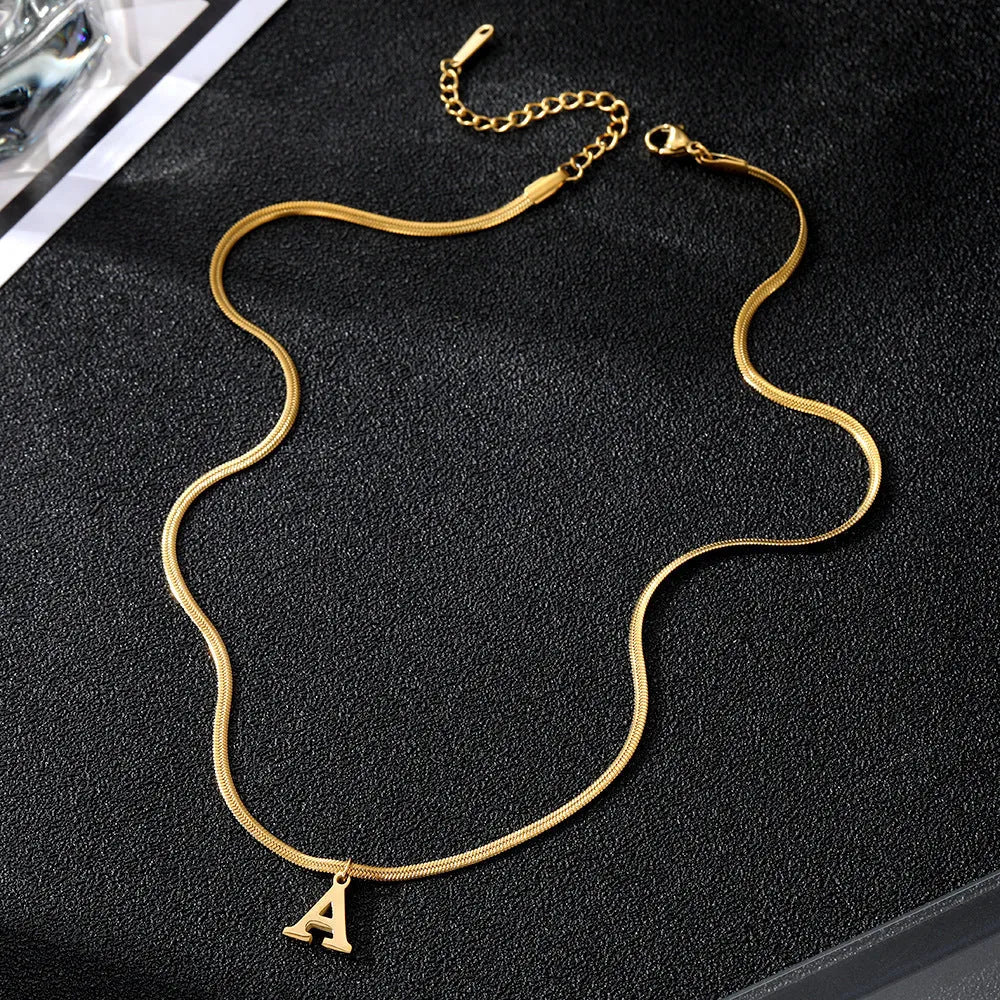 A-Z letter pendant necklace in titanium steel with gold colour snake bones chain, unisex initial jewellery