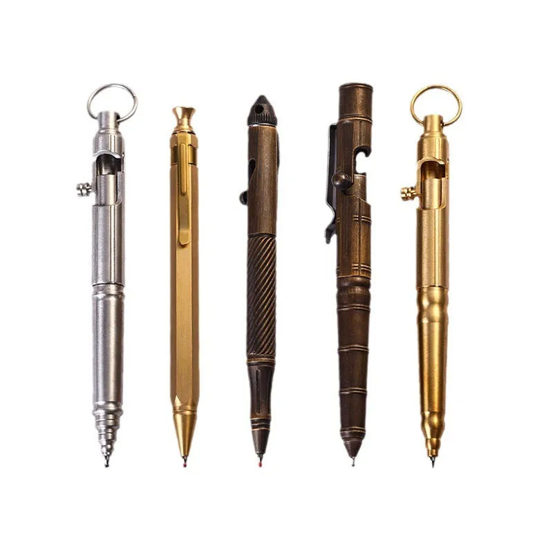 Brass bolt action tactical pen with cylindrical design and six-ring grip pattern