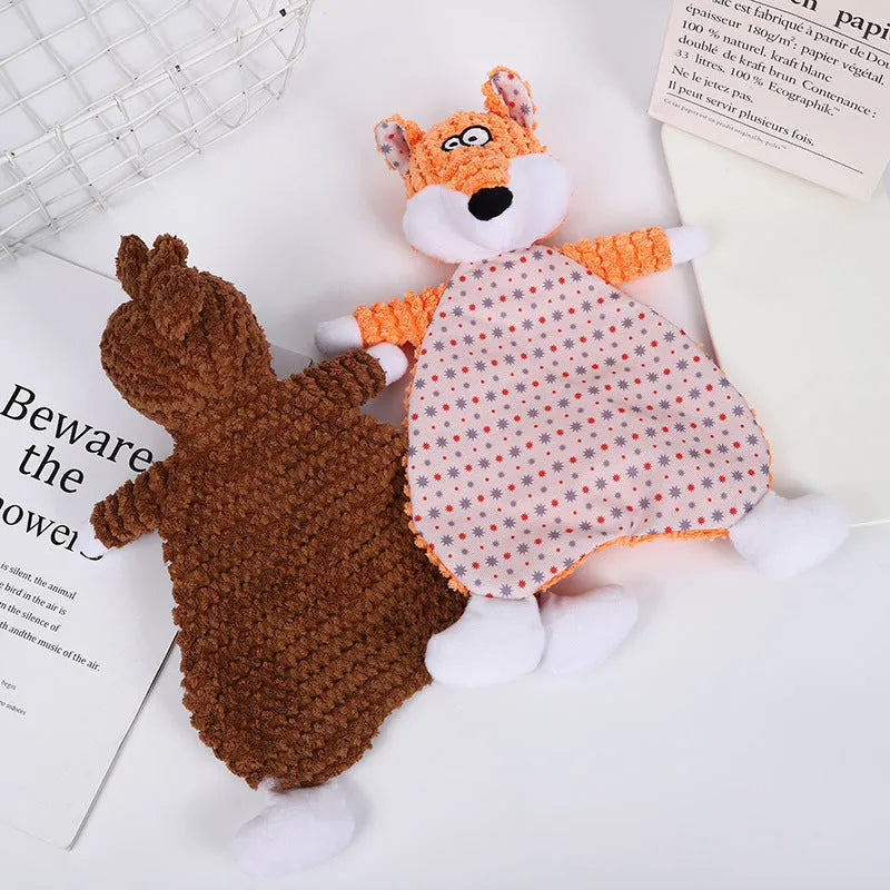 Brown velvet fox-shaped pet toy with sound element for interactive cat and dog play