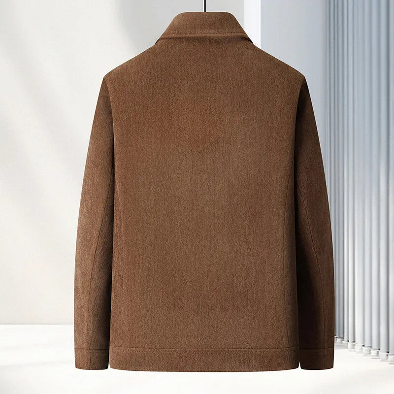 Men's slim fit lapel casual coat in black, shown on a model.