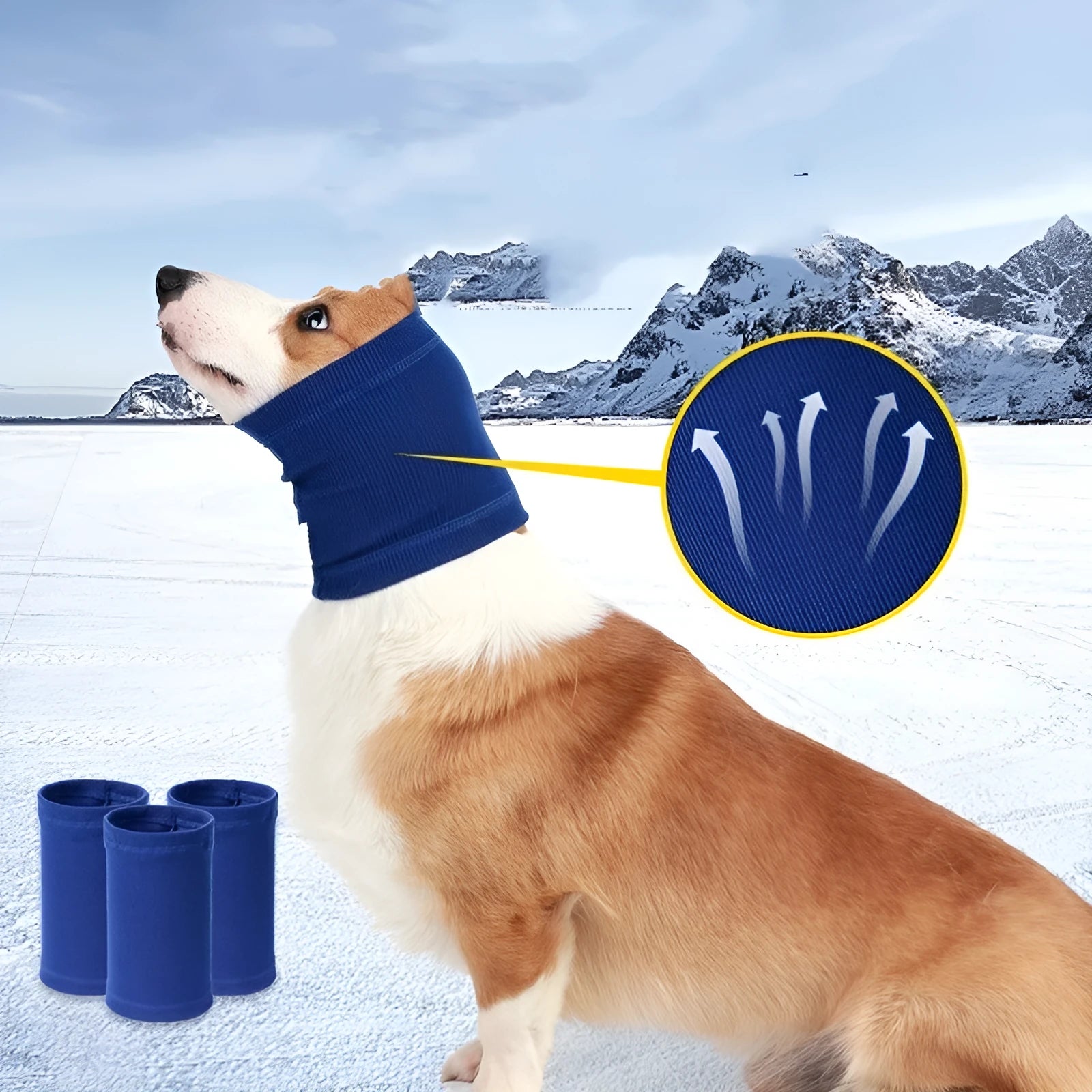 Blue polyester dog headband scarf shown on a dog, casual style, size options available.