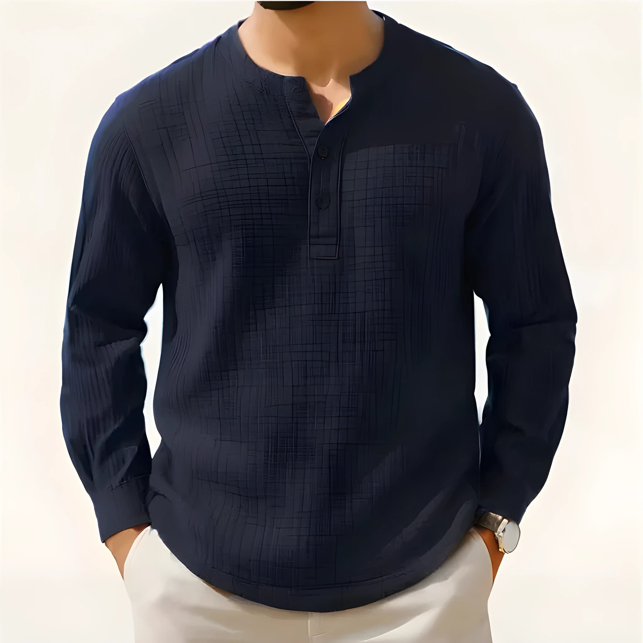 Long sleeve linen blend shirt with round neck and 3/4 sleeves in Army Green colour