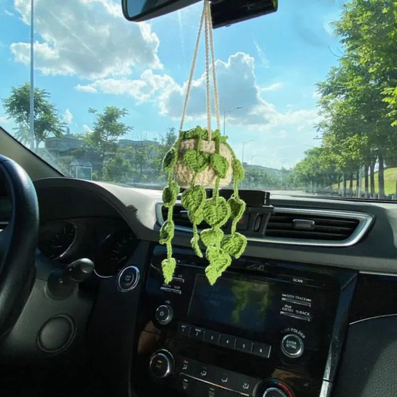 Green and white knitted car plant ornament with hanging rope for dashboard or mirror decoration
