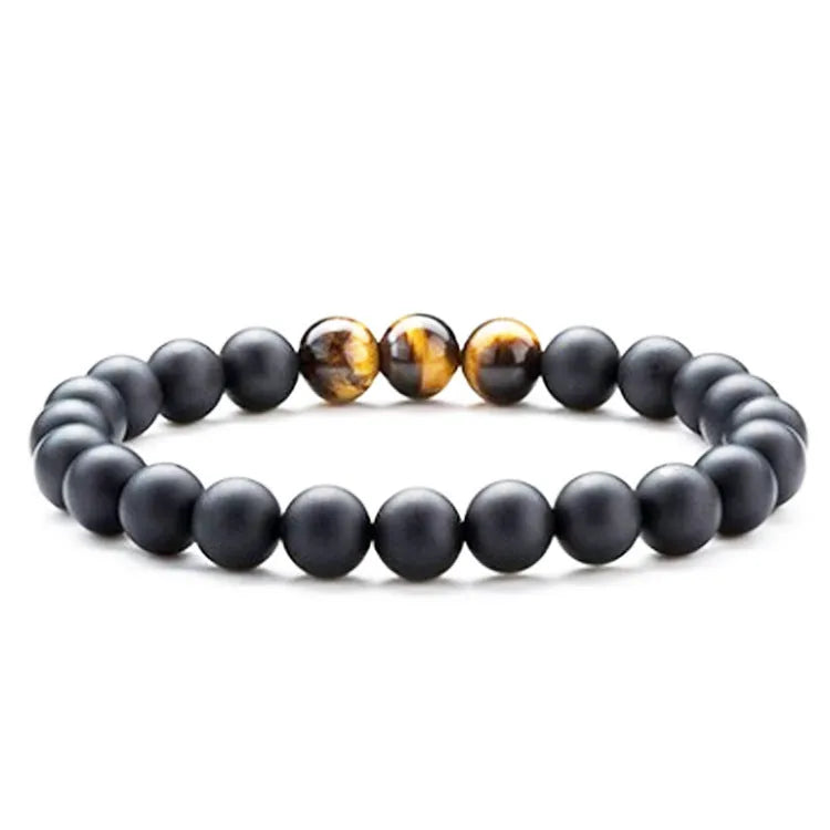 Matte black agate couple bracelets with geometric beads in individually packaged presentation