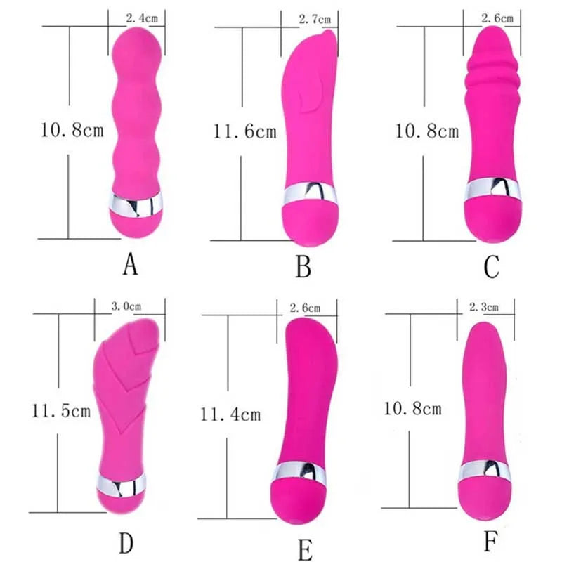 Six different styles of a mini realistic dildo vibrator for women on a plain background.