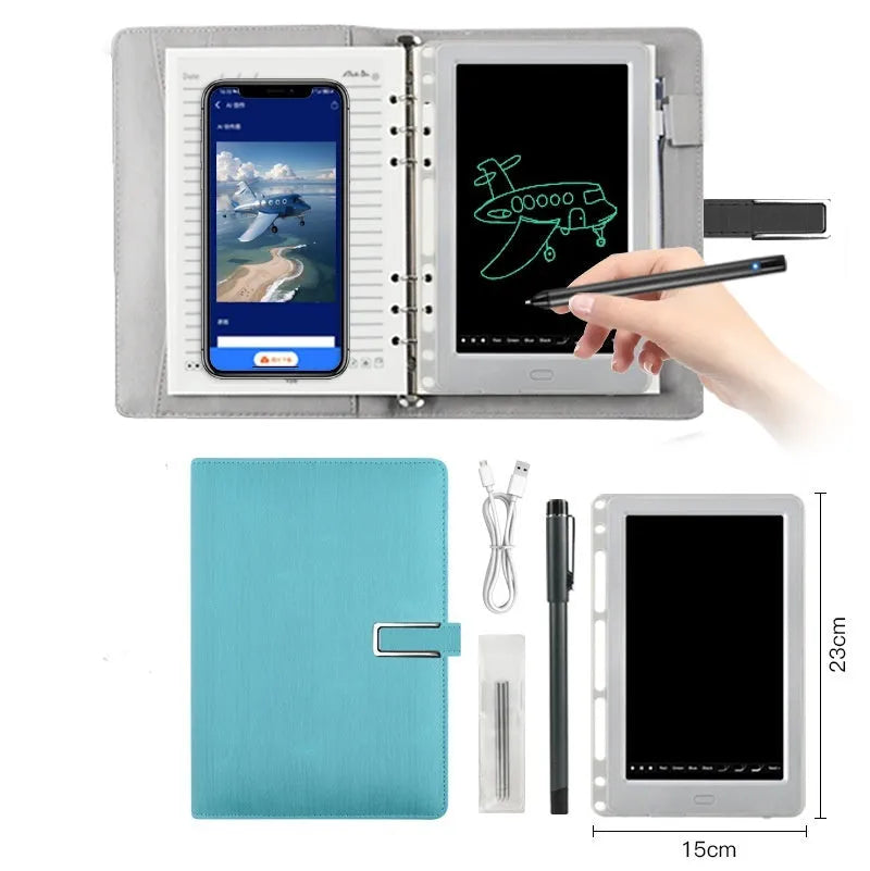 85-inch electronic writing pad with smart pen in black, dark blue, or sky blue stitching design.