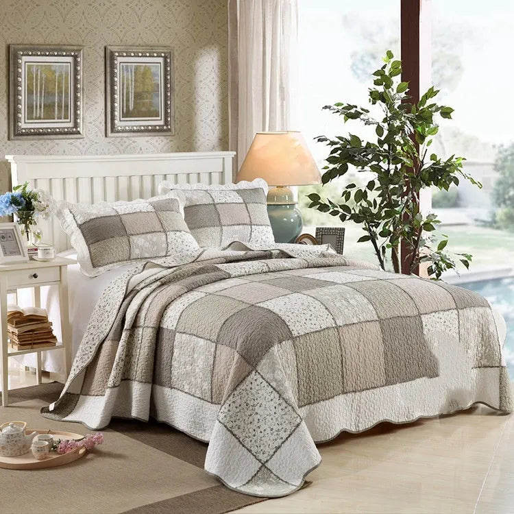 Washed pure cotton quilted bedspread set with matching pillowcases in a Korean style pattern