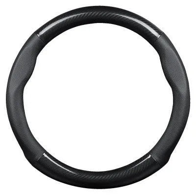 Universal 38cm leather carbon fiber steering wheel cover in mirror black with belt hole and tricolor mark.