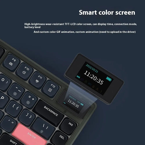 AJAZZ AK832PRO mechanical keyboard with colour screen showing blue lighting on PBT keycaps
