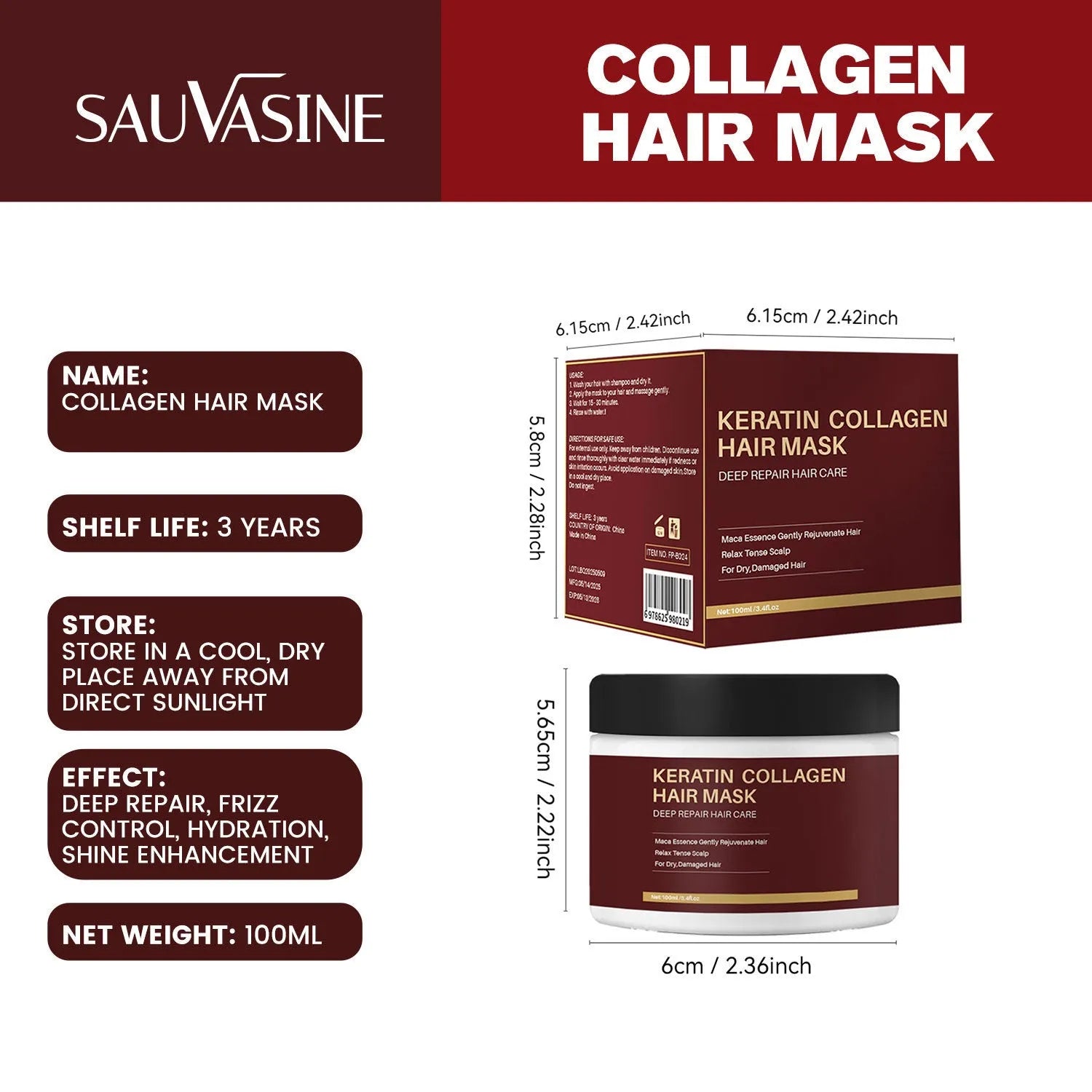 100ml collagen hair mask in professional-style packaging for moisturising and repairing dry hair