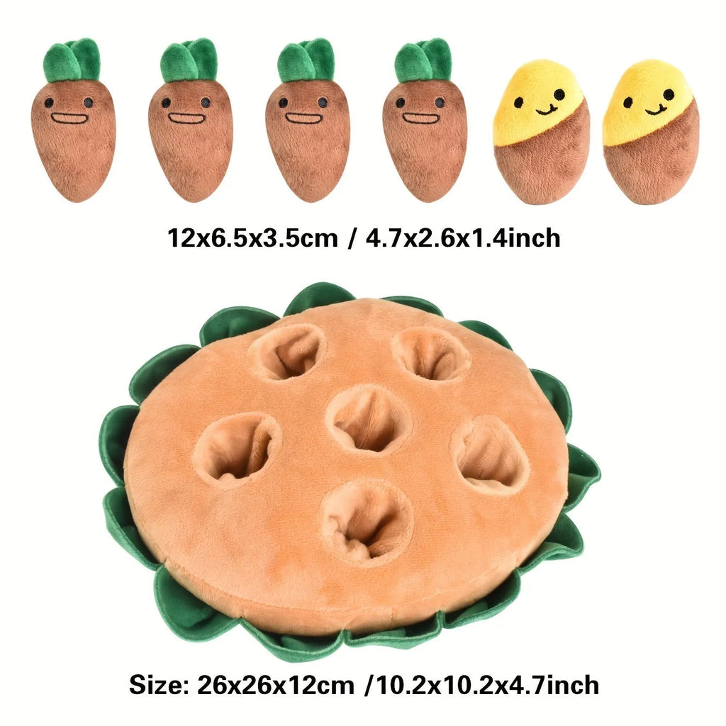 Yellow interactive dog puzzle pad with removable squeaky plush toys for foraging training