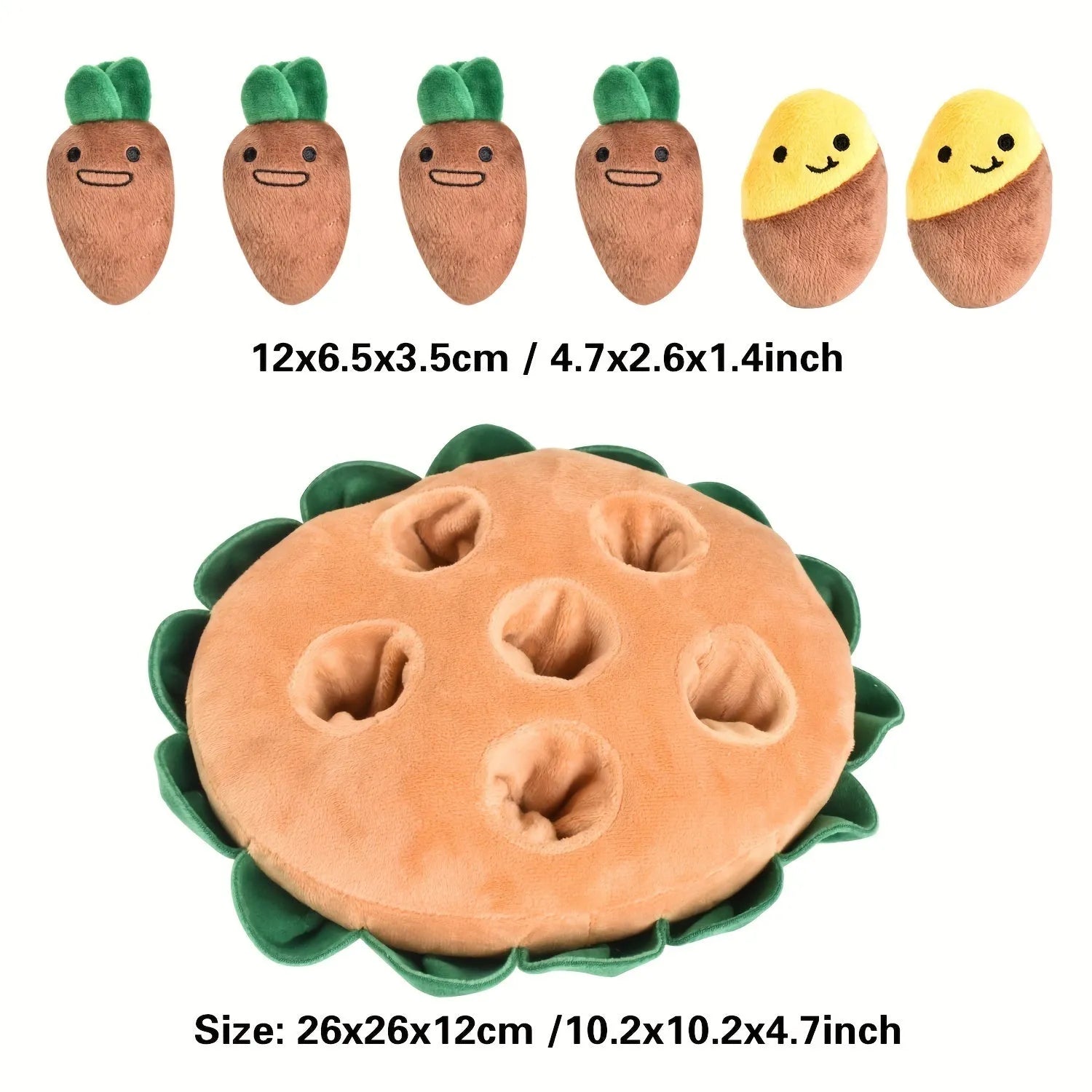 Yellow interactive dog puzzle pad with removable squeaky plush toys for foraging training
