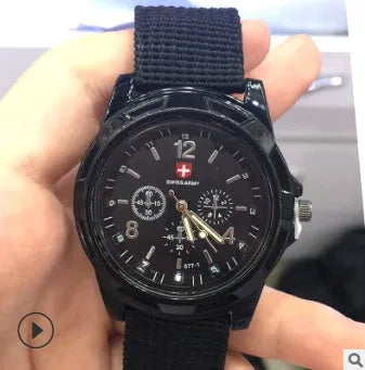 Cloth belt weaving military watch with quartz movement 40.5mm round dial and textile strap on display