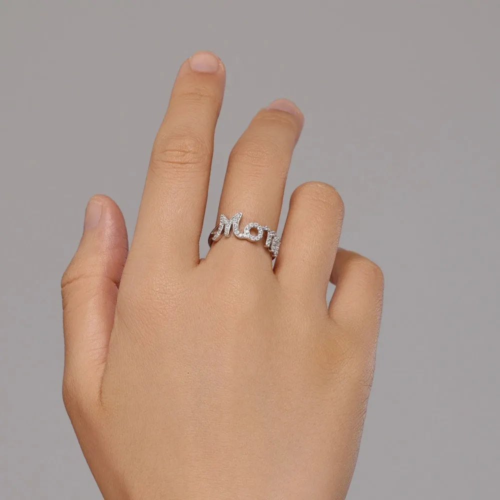 S925 sterling silver women's ring with English Mom letter design, refined zircon accent, platinum or gold colour, sizes 6-9