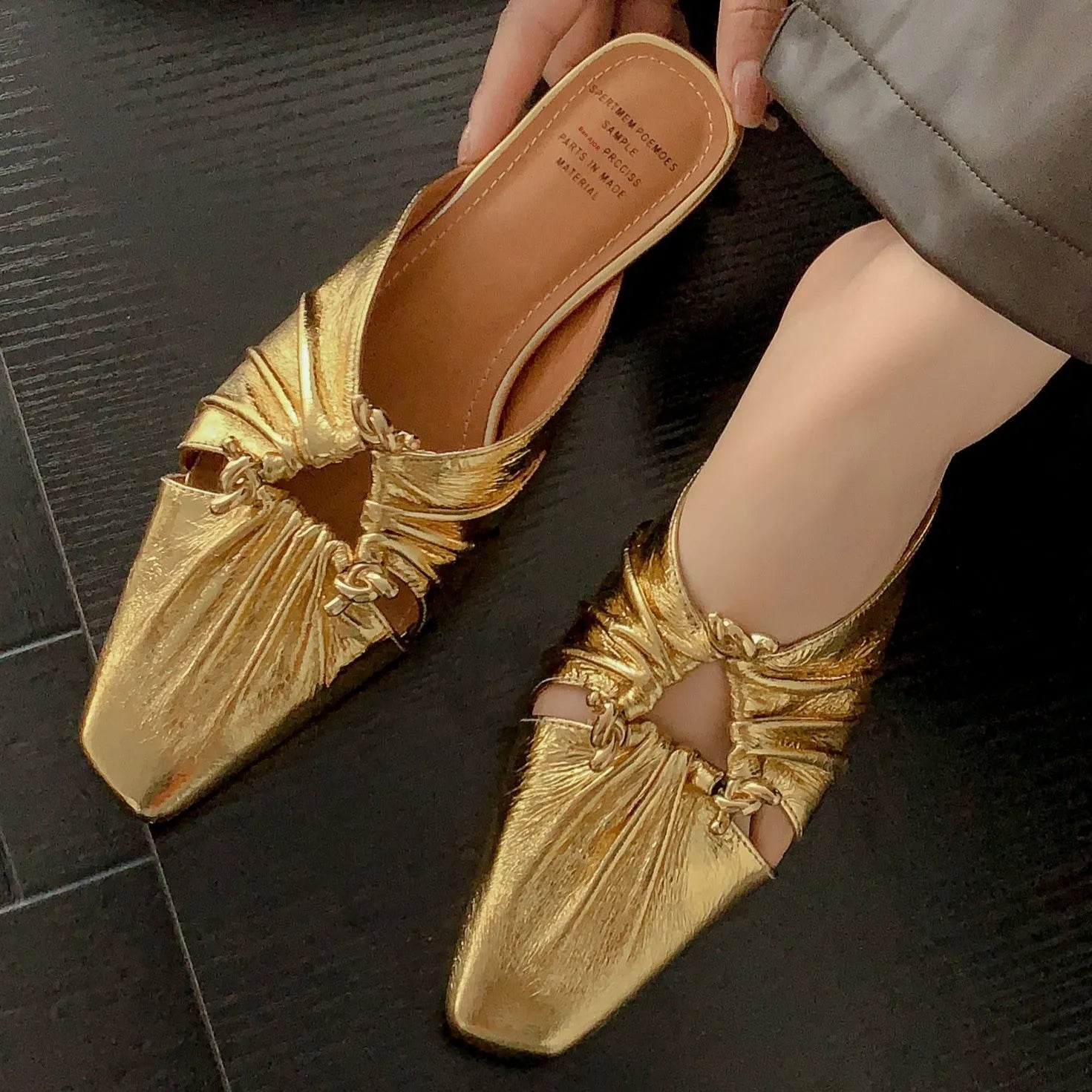 Genuine leather women's slippers with square toe cap and oversleeve design in gold colour