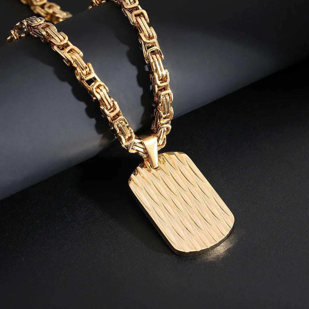 Titanium steel men's water ripple pendant necklace with quadrilateral geometry on emperor chain