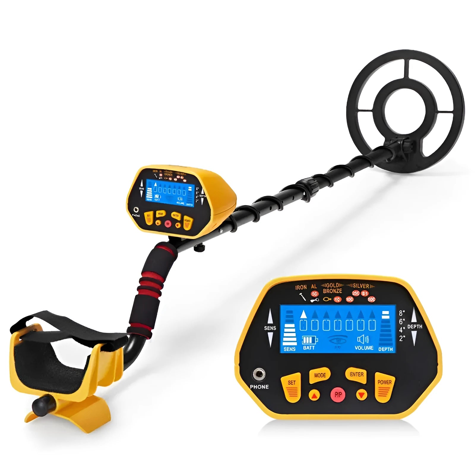 GC1028 black and yellow professional metal detector with LCD screen and waterproof search coil.