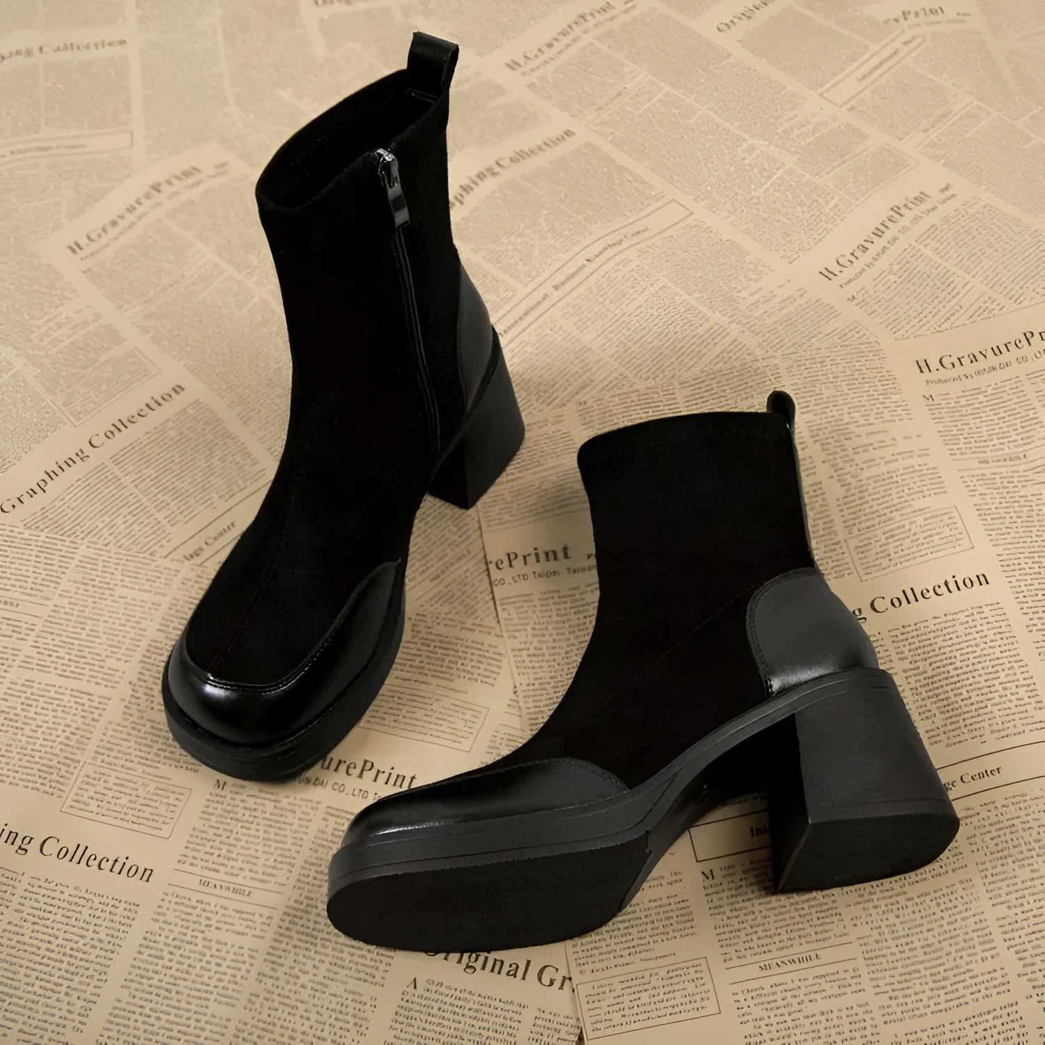Black thick bottom chunky heel Martin boots for women with rubber sole, side view