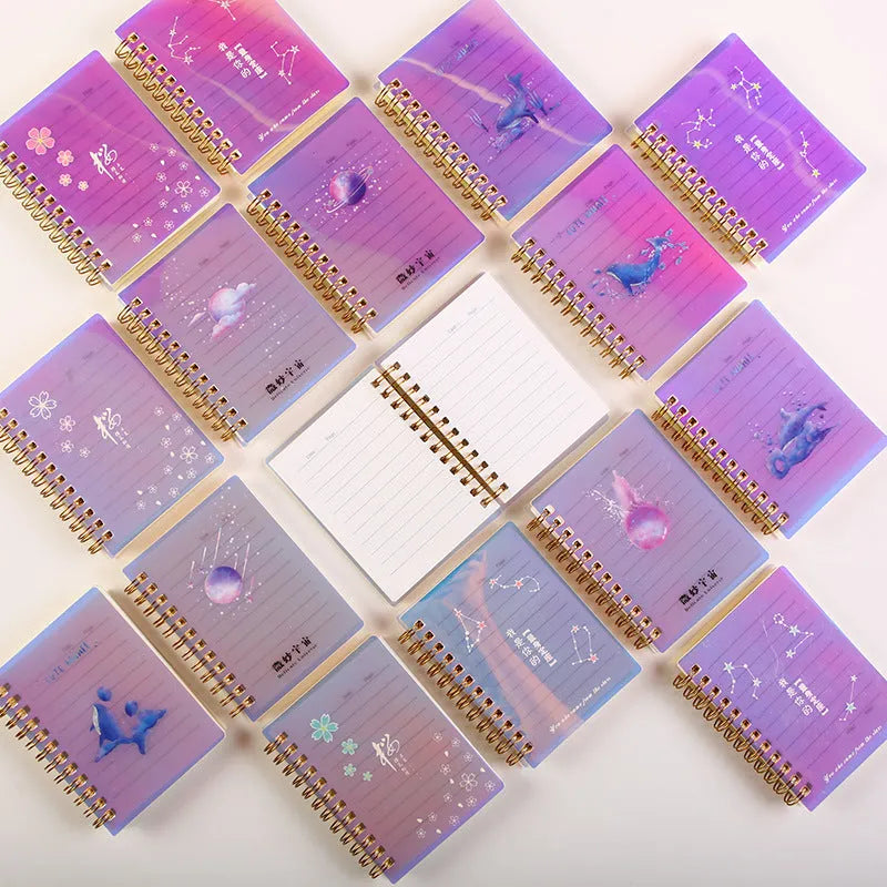 Rollover coil spiral bound pocket notepad with PP cover in Constellation design, shown open and laying flat.