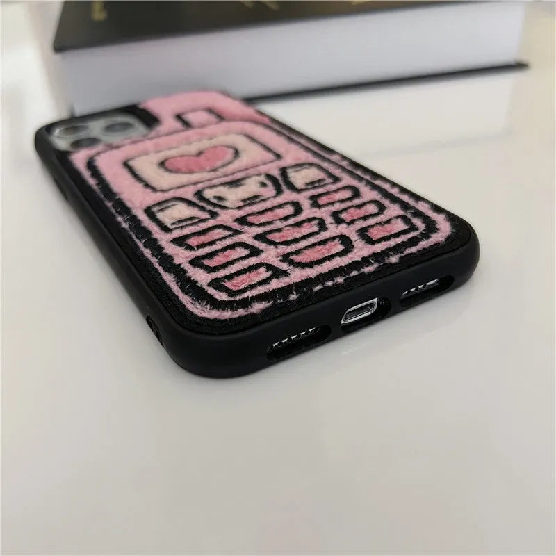 Pink towel embroidered TPU back cover case for iPhone models X through 15.