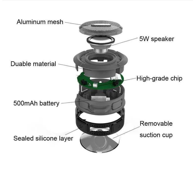 Waterproof speaker in black, 98x88x45mm, with 3W dual output and 500mAh battery