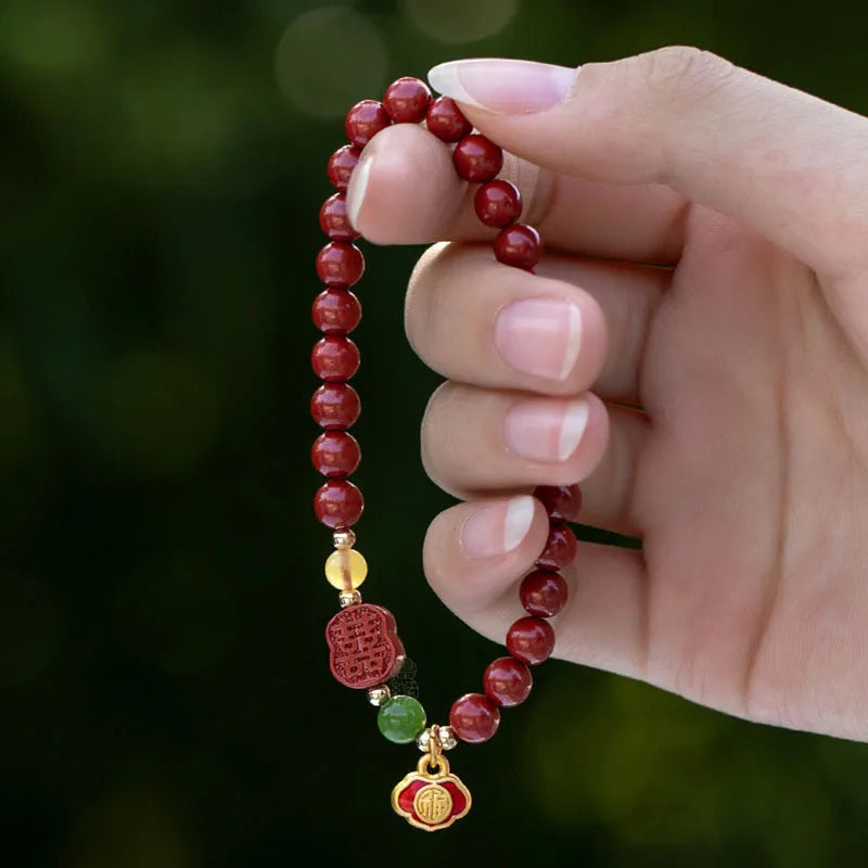 Emperor Sandstone bead bracelet with Fu character charm in New Chinese style.