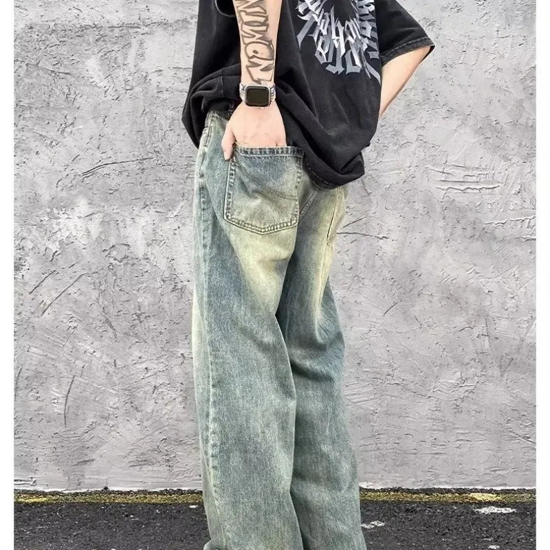 American High Street Vintage Jeans for Men - Mid Waist Straight Leg Denim Trousers in Yellow Mud Colour, Available in S, M, L, XL, 2XL, 3XL, Cotton Denim Fabric, Classic Vintage Style Jeans for Everyday Wear