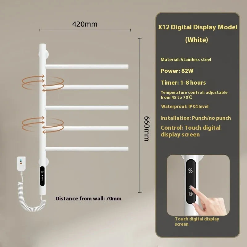 5-layer stainless steel electric towel rack in black with punch-free mounting and WiFi control