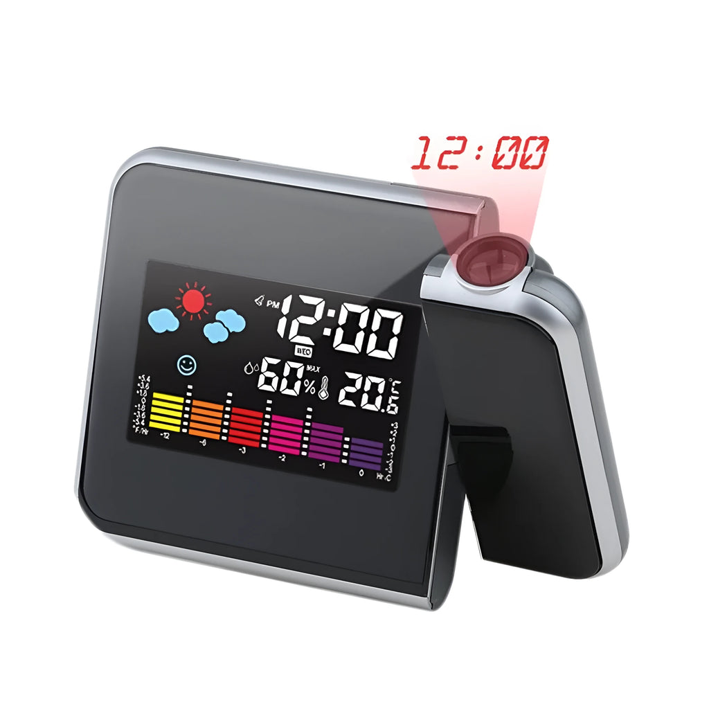 Black digital projection alarm clock showing time display with temperature and humidity readings