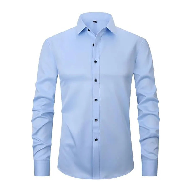 Men's grey stretch long sleeve work shirt made from polyester fabric on a hanger