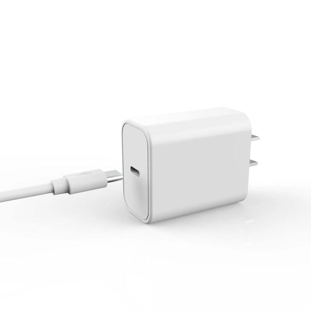 White Type-C USB wall charger with multi-standard plug compatibility and certifications on a plain background
