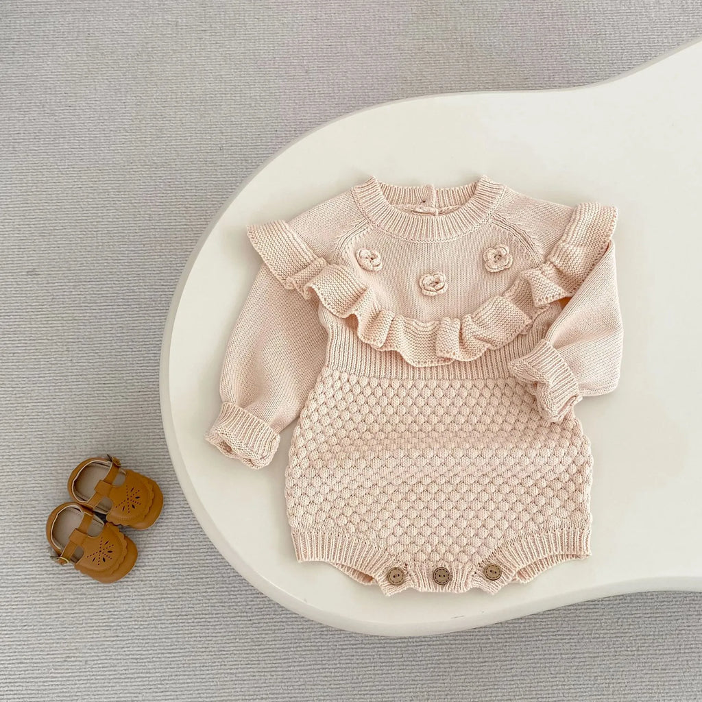 Baby hand crocheted flower pineapple plaid knitted wool long sleeve jumpsuit in stone powder colour