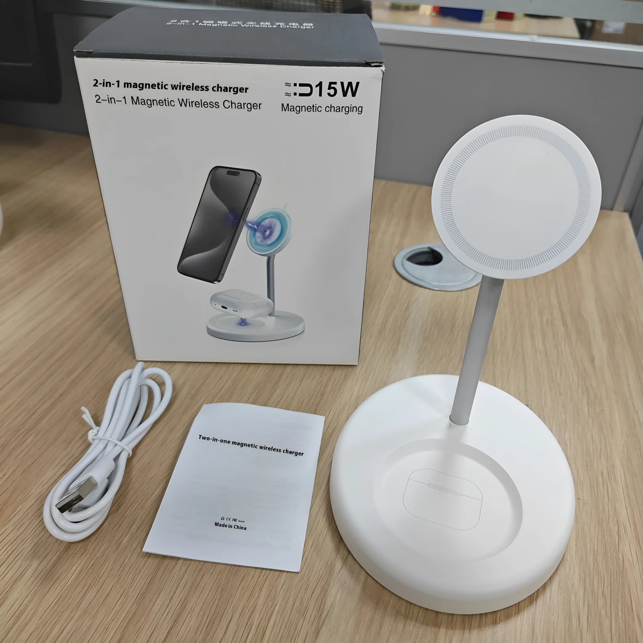 30W vertical wireless charger stand in white with cooling hole for fast, cool charging