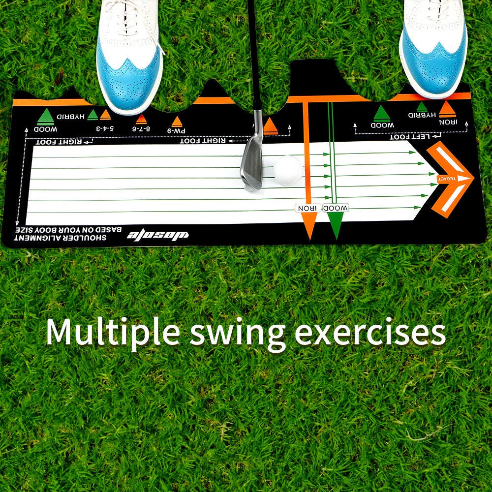Black neoprene golf swing posture correction pad with alignment indicators for stance training