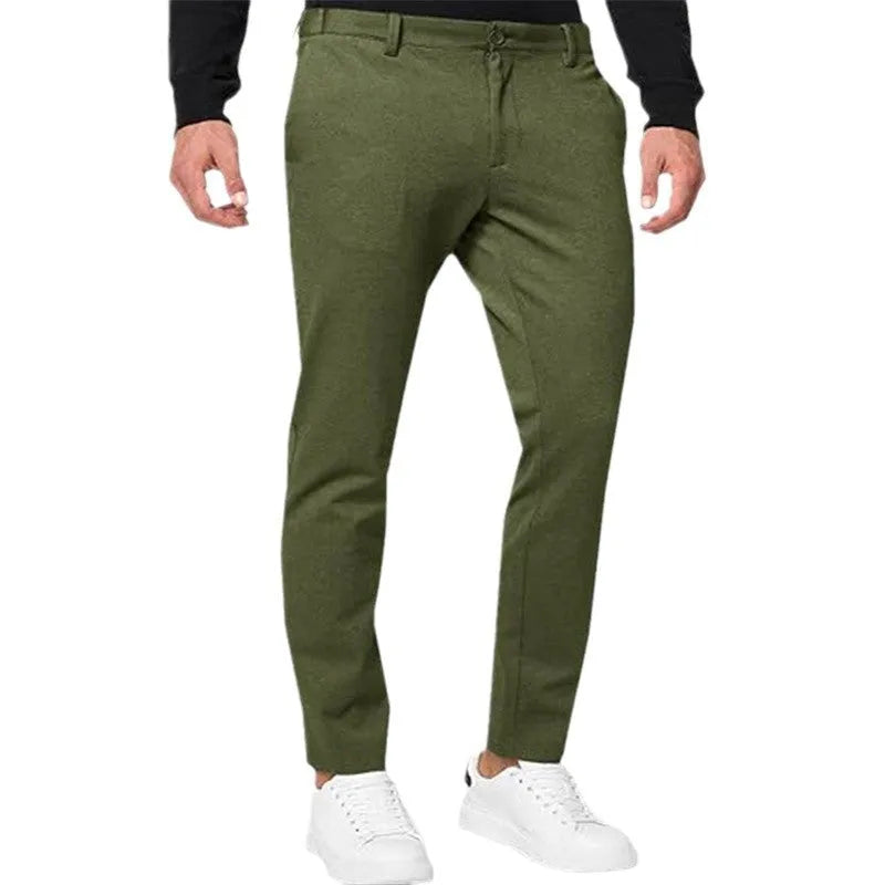 Men's slim-fit tapered chino trousers in khaki colour with pleated detail and zipper fly