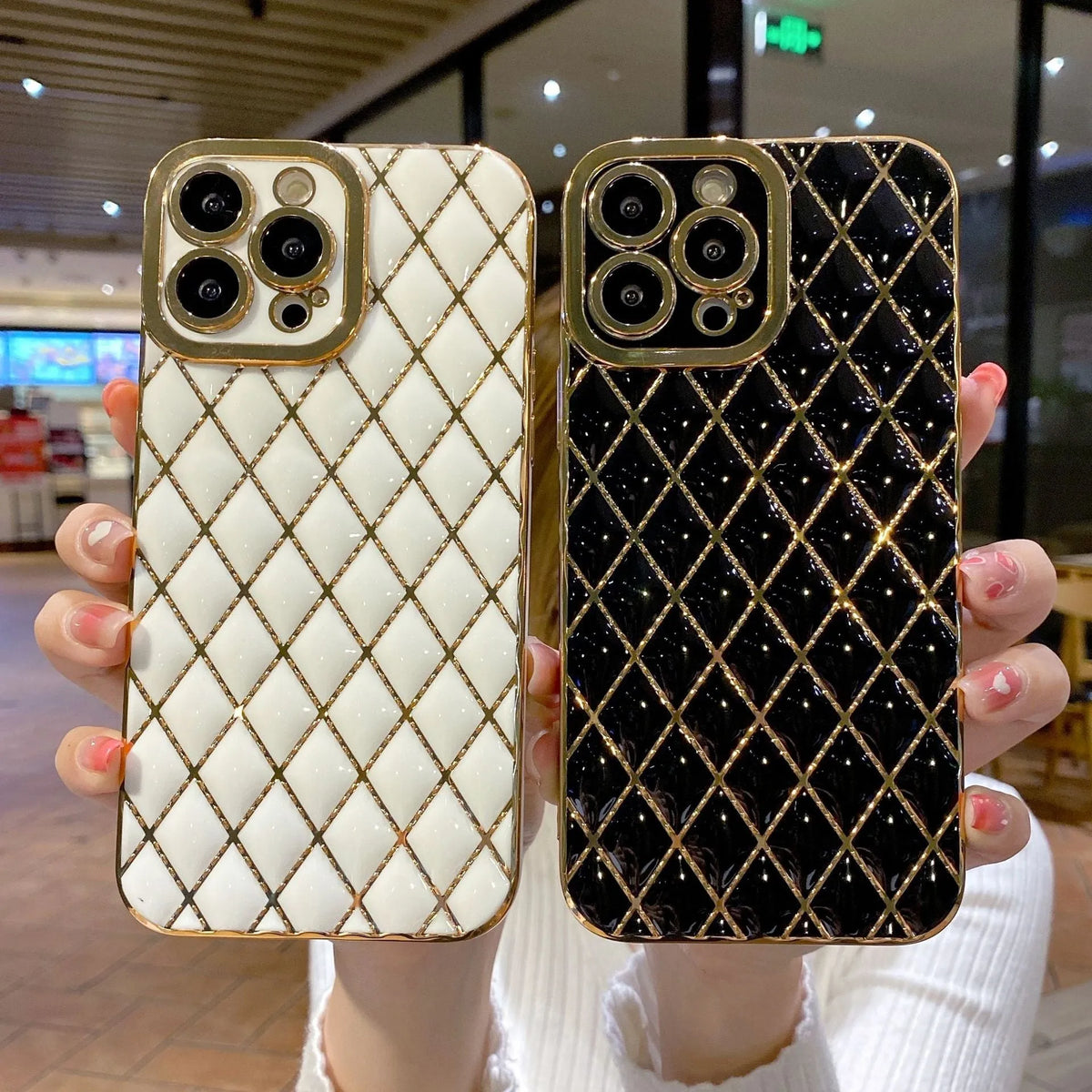 Electroplated 6D diamond TPU phone case back cover for compatible iPhone models in black, white, green, pink or purple.