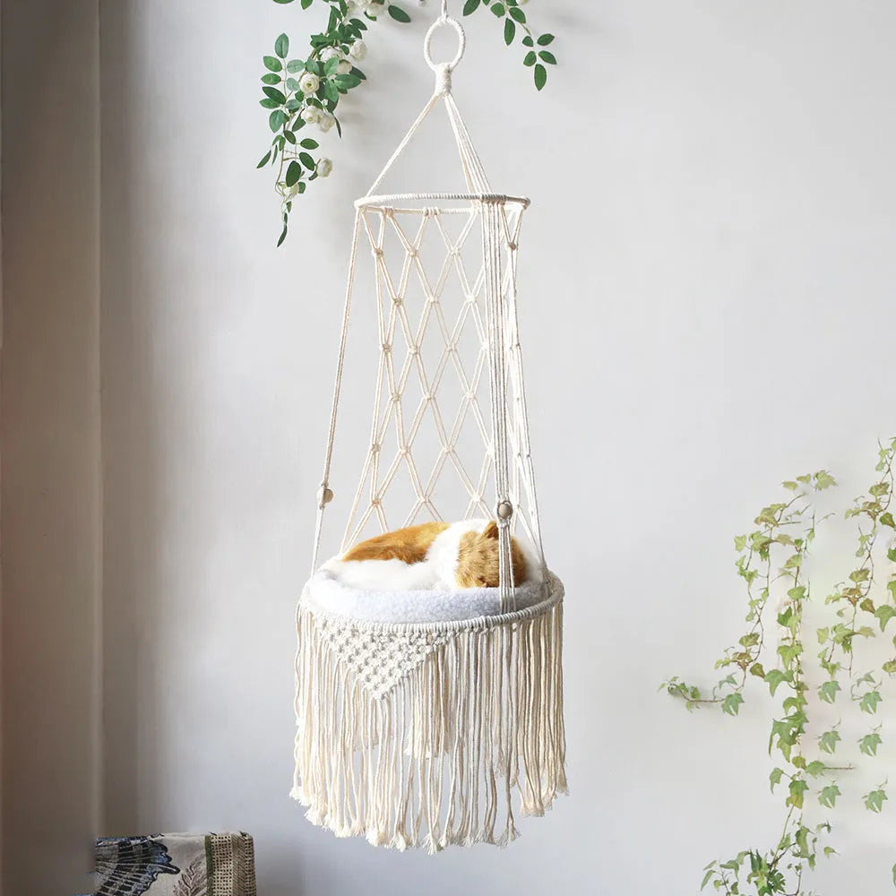 Macrame hanging pet bed handmade cotton rope cat hammock wall mounted natural colour
