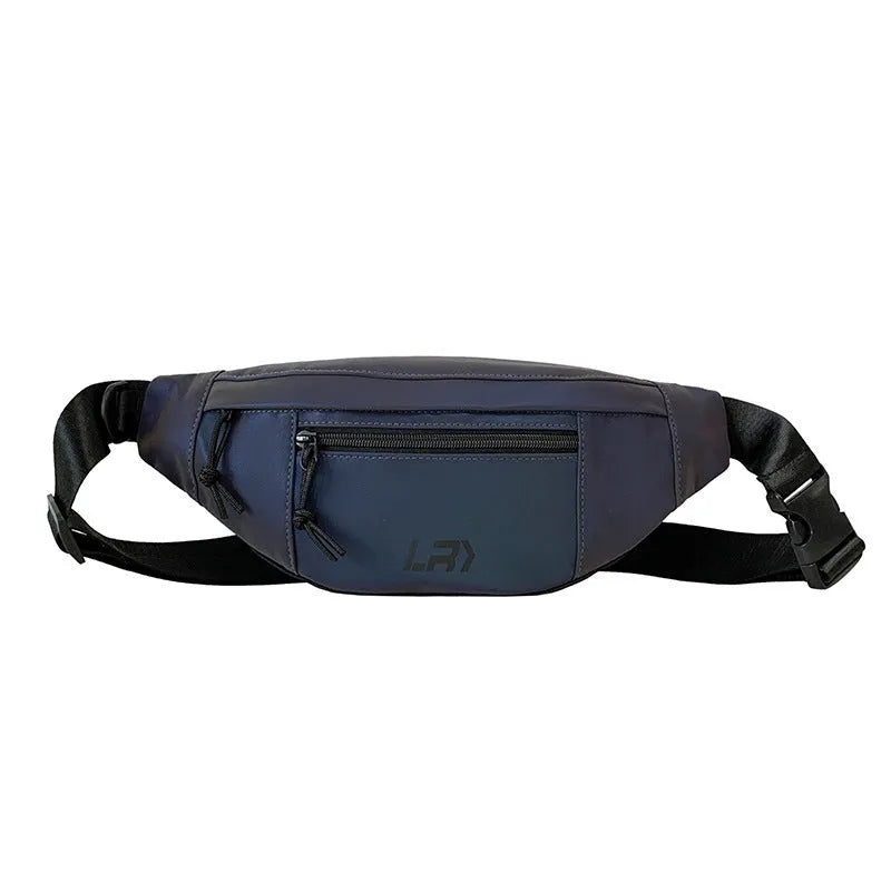 Blue crossbody chest cycling bag with reflective trim and open pocket design
