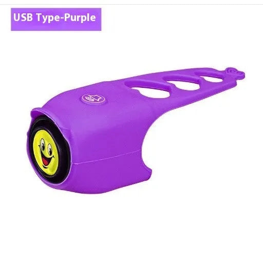 Bicycle electronic horn in plastic body with black colour, showing fixture and fitting for handlebar mounting